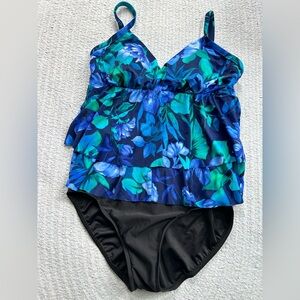 Miraclesuit Women's Swimsuit Size 12 One Piece Black And Blue Floral Frilly Swim